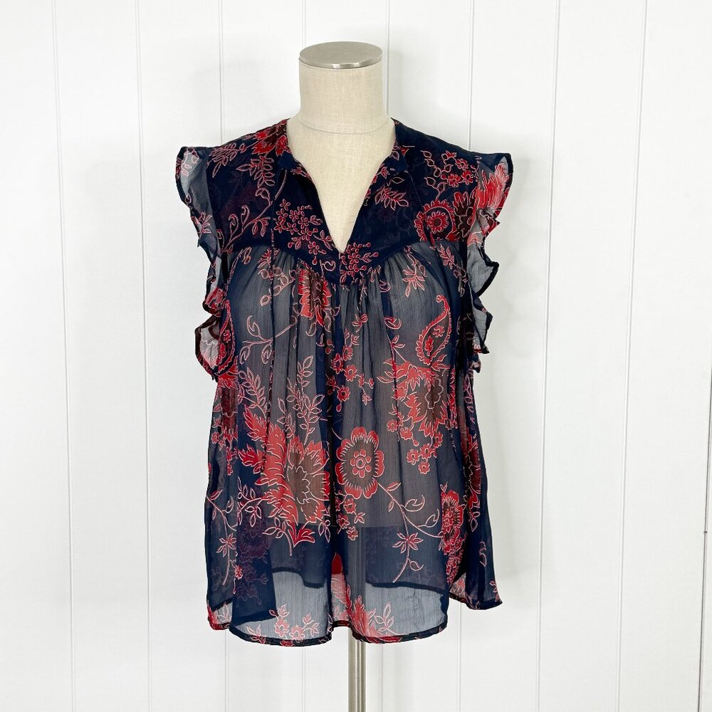 Lucky Brand Navy Red Floral Paisley Sheer Vneck Ruffle Cap Sleeve Blouse MD Boho